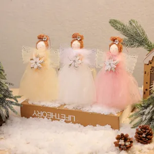 Christmas Angel Doll Hanging Ornament Cute Mesh Dress Feather Wing Christmas Tree Decor Holiday Party Gift