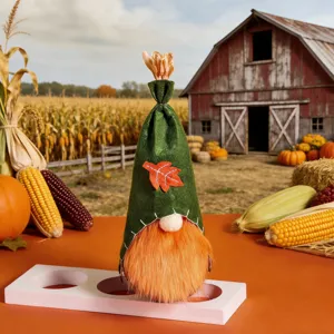 Autumn Thanksgiving Gnome faceless doll decoration with green hat and orange beard for desktop.