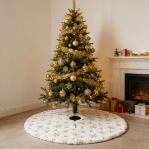 White Plush Christmas Tree Skirt Embroidered Colorful Snowflakes Sequins Holiday Home Decor Xmas Tree Base Cover
