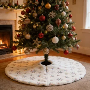 Detailed view of white plush Christmas tree skirt with festive snowflake embroidery and sequins.