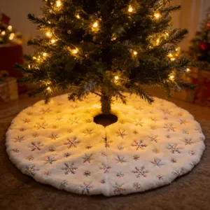 White plush Christmas tree skirt with embroidered glitter snowflakes for holiday decor.