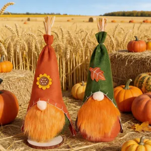 Autumn harvest gnome doll detail, cute plush faceless doll with sunflower and maple leaf decor.