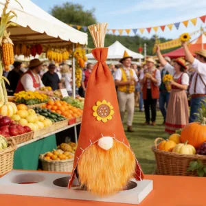 Harvest festival sunflower faceless doll desktop decoration detail shot with autumn gnome design.