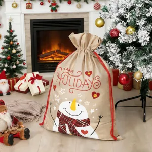 Grote Jute Kerstcadeauzak met Trekkoord Schattige Sneeuwman Vakantie Cadeau Opbergtas