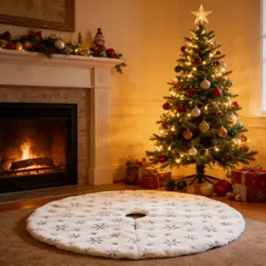 White plush Christmas tree skirt with embroidered colorful snowflakes, festive holiday decor.