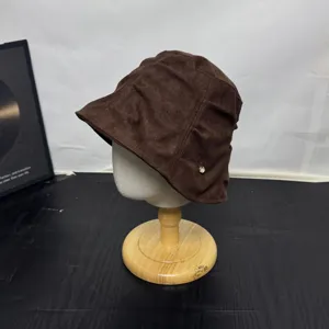 Korean vintage pleated bucket hat autumn winter brown suede minimalist basin hat for women