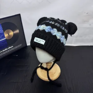 Fair Isle knit beanie with cute bear ears and warm earflaps for women autumn winter cute hat