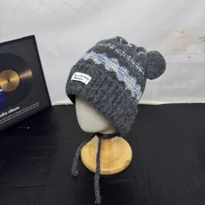 Fair Isle vintage bear ear knitted hat for women, cute winter warm wool hat with ear flaps.