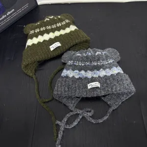 Fair isle retro bear ear knitted hat with earflaps, cozy warm woolen winter hat for women.