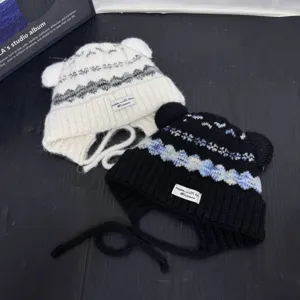 Cute bear ear knit beanie with earflaps and vintage fair isle pattern, warm winter hat.