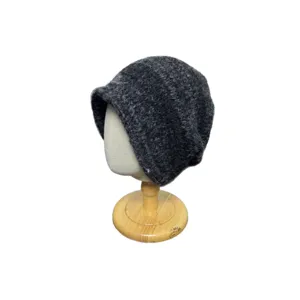 Dark grey slouchy knitted beanie hat for women, winter warm wool-blend pullover cap