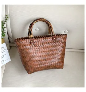 Retro braune gewebte Handtasche mit Bambusgriff grosse Kapazitaet Stroh Strandkorb Tasche