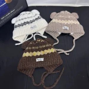 Vintage bear ears knit hat winter warm ear-protection woolen cap fair isle style 3 colors