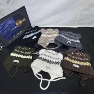 Fair Isle vintage bear ear knit hat for women, cute winter warm earflap wool beanie.