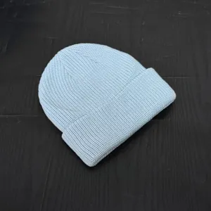 Light blue knit beanie for men and women, cozy winter ribbed skull cap, casual street style hat.