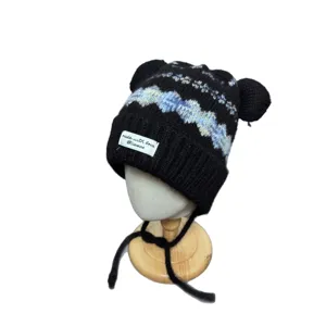 Fair Isle vintage bear ear knitted hat for women, cute warm winter woolen earflap beanie cap.