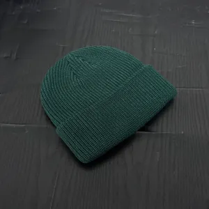 Dark green ribbed knit beanie for men and women, short skull cap winter warm hat.