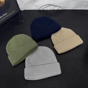 Classic knitted docker cap set, solid color roll cuff beanie for warm winter daily wear.