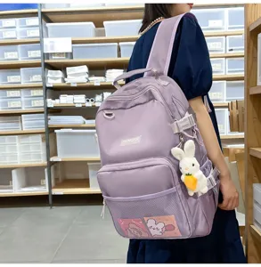 Zaino scolastico casual in tinta unita in stile giapponese, zaino viola con peluche