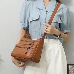 Bolso de hombro de cuero suave para mujer, bolso cruzado con varios bolsillos y cremalleras.