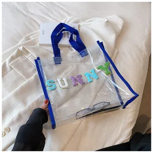 Transparente PVC Strandtasche mit bunten Buchstaben, große Sommer Jelly Handtasche.