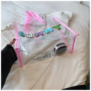 Transparente PVC Strandtasche mit rosa Rand und bunten Buchstaben, geräumige Sommer Jelly Tasche.