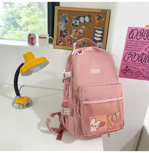 Zaino casual rosa per studenti, borsa scolastica tinta unita in stile giapponese con tasca a rete.