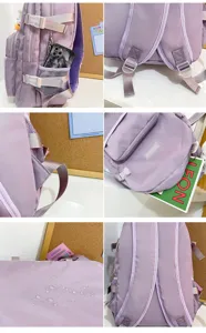 Vista dettagliata dello zaino in tinta unita stile giapponese, borsa scolastica per studenti.