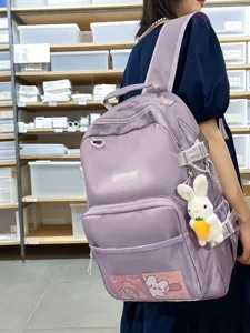 Zaino scolastico casual per studenti, zaino per il tempo libero viola chiaro con ciondolo coniglio.