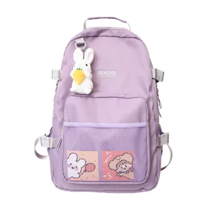 Zaino casual viola borsa da scuola per ragazze con grazioso ciondolo di coniglio