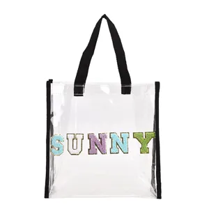 Transparente PVC Strandtasche Damen, Sommer Jelly Shopper Handtasche mit bunten Buchstaben SUNNY.
