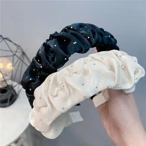 Korean Style Pleated Rhinestone Headband High Crown Puffy Hair Hoop Sweet Satin Hair Accessories For Women Daily