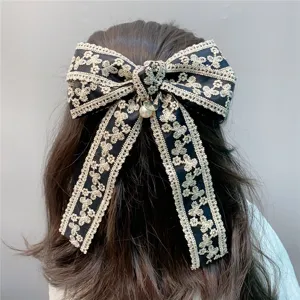 Black lace double bow hair clip with pearl pendant, elegant sweet back head hair accessory.