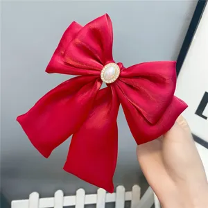 Wine red Lolita hair bow clip with long ribbons and pearl rhinestone centerpiece for sweet girls.