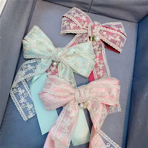 Sweet Lace Double Layer Bowknot Hair Clip Pearl Pendant Cute Barrettes Spring Duckbill Hair Accessories For Women
