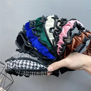 Velvet houndstooth ruffle headband, stylish patchwork pleated hair hoop for autumn and winter.