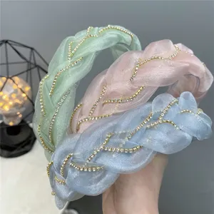 Organza rhinestone braided headband detail shot, crystal hair hoop, elegant daily hair accessory.