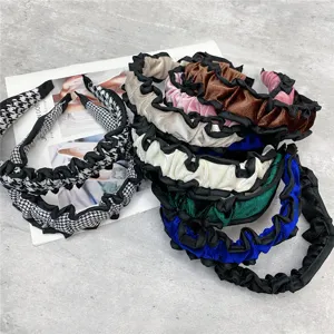 Women Fashion Velvet Houndstooth Headband Elegant Ruffle Pleated Hair Hoop Casual Sweet Hair Accessories