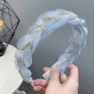 Blue organza rhinestone braided headband, elegant hair hoop with teeth for women daily styling.