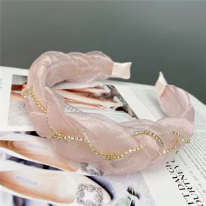 Pink organza rhinestone braided headband detail, sweet hair accessory with teeth design.
