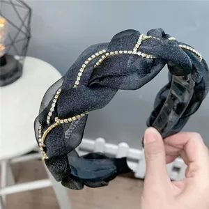 Black organza rhinestone braided headband detail view, stylish hair accessory.