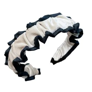 Chic velvet ruffled headband black and beige contrast hair hoop for women winter daily wear.