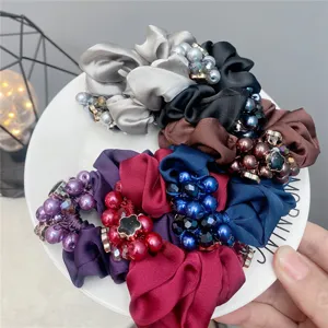 Satin scrunchies for women pearl beaded flower elastic hair ties hair accessories