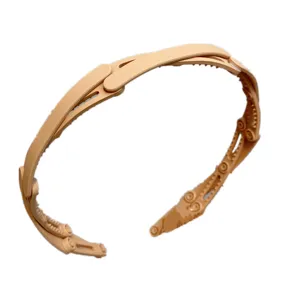 Foldable mesh hair hoop detail view, light brown plastic headband for daily washing and travel.