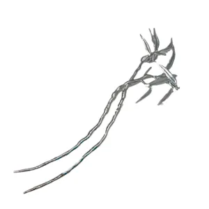 Silver leaf hair fork detail, vintage Chinese style alloy bun pin for elegant Hanfu styling.