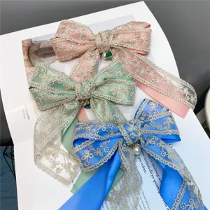 Sweet lace double bow hair clip with pearl pendant, elegant hairpin for back of head girls.
