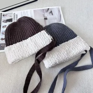 Korean style plush spliced knit beanie hat with cute ties for women autumn and winter.