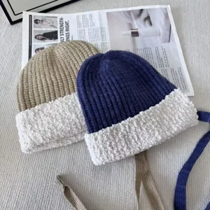2025 winter women knitted beanie hat fleece spliced warm earflap hat stylish casual headwear
