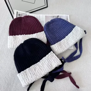 Women winter thick knit beanie hat plush contrast brim earflap warm cap multi color set