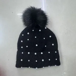 Black knit beanie hat with faux pearls and fluffy pom-pom for women winter warm daily wear